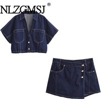 Nlzgmsj 2026 Summer Women's Denim Batwing Sleeve Two Piece Set Casual Cropped Shirt & Skirt Shorts Set Streetwear Y2K