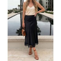 HH Women Elegant Lace Splicing Skirt Fashion Solid New Midi Skirt Vintage Elastic Waist Party Looks Commuting Female Skirts