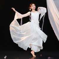 White Classical Chinese Dance Exam Costume - Flowy Wide Sleeve Sheer Top with Skirt, Ethereal Stage Performance Dress