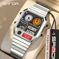SANDA 3192 Square Electronic Watch for Men, Casual Multifunctional Wristwatch, Thermometer Stopwatch & Chronograph