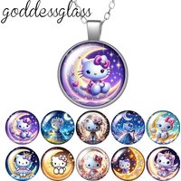 Hello Kitty Moon style Night Cartoon Girls' Gift Round Photo Glass cabochon silver plated pendant necklace jewelry Gift