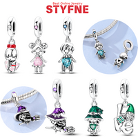 Silver-Plated Girl Charm with Pink Heart Crystal Dress Beads Fit Original Bracelets Bag Keychain Pendant Diy Women Jewelry Gift