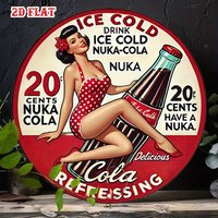 2D Flat, 1pc Retro Pin-Up 7.87x7.87 Round Aluminum Sign - Vintage Nuke Cola Ice Cold Drink Metal Tin Wall Art, Refreshing Rustic