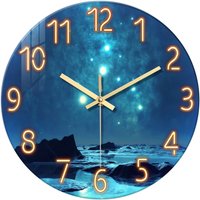 1pc glass wall clock, Blue star Mountain River sea design wall clock, home mute wall clock, decoration living room, bedroom