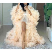 Sweet Girl Vintage Tulle Robe Perspective Sheer Tulle See Through Long Pink Dressing Gowns Fluffy Maternity Dress Photoshoot