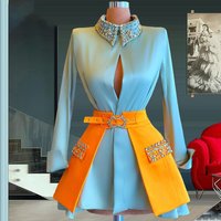 Light Blue Cocktail Party Gowns Customized Long Sleeves Beadings Two Pieces Satin Evening Dress Arabic Short Prom Dresses