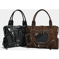 Retro Leopard Print Punk Ita Bag Niche Studded Motorcycle Bag Diy Transparent Pocket Crossbody Bag Large Capacity Shoulder Bag