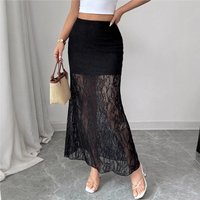 Lace Splicing Maxi Skirt High Waist Transparent Maxi Skirt Sexy Hollow Fashion Loose Beach Wedding Party Skirt Юбка Женская