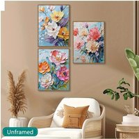 3pcs Vibrant Floral Canvas Wall Art Set, Contemporary Style Flower Oil Paintings, Frameless Rectangular Decor for Living Room &