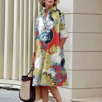 2024 Elegant Ladies Long Sleeve Shirt Dress Lapel Button Exquisite Printing Mid-Length Dress Casual Loose Commuter Shirt Dresses