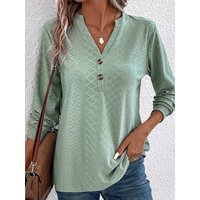 Women's Fashion Texture Solid Color Button V-neck Long sleeved Top