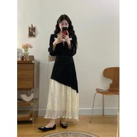 plus Size Velvet Sequin Dress Women's Winter New Splicing Silk Velvet Waist Cinching A-Line Skirt Commute Style Long Sleeve