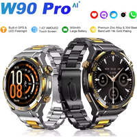 2026 New W90 Pro GPS Smart Watch with Flashlight 1.43" HD AMOLED Display 900mAh Bluetooth Waterproof Sport Watch for Men Women