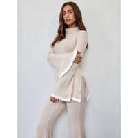 Women's Color-Block Patchwork Slit High-Neck Top and Bell-Bottom Pants Set