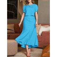ZANZEA Fashion Summer Outfits 2PCS Women Dress Sets Solid OL Work Tracksuit Elegant Short Sleeve Blouse Sundress Two Pieces Sets