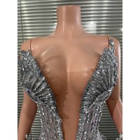 Luxury Deep V Neck and Sculptural Rhinestone Silver Crystal Mesh Mini Dress Accents for Photoshoots and Red Carpet