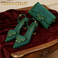 Women’s Green Rhinestone High Heel Shoes with Matching Bag - Stylish Pointed-Toe Footwear for Parties and Special Occasions