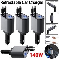 18/60/140W 4 IN 1 Retractable Car Charger USB Type C Cable For IPhone Samsung QC3.0 Fast Charge Cord Cigarette Lighter Adapter