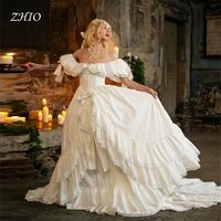 ZHIO Vintage Evening Dresses Off Shoulder Ruched Ivory Satin Sweep Train A-Line Wedding Party Dress Prom Gown Customized Woman