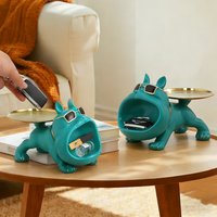Cool Sunglasses Bulldog Resin Statue with Dual Metal Trays Decorative Organizer for Keys Jewelry Home Entryway Desk Decor