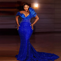 Elegant Royal Blue Beaded Evening Dresses Long Formal Occasions Black Women Mermaid Gowns Long Sequined Party Dress Ruffled