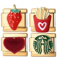 1pc red strawberry heart green stripe golden Italian style stainless steel charm module DIY jewelry making bracelets necklaces