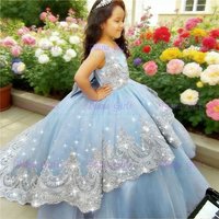 Quality Sky Blue Flower Girl Dress Tulle Fluffy with Trailer for Kids Wedding Birthday Ruffles Evening Ball Celebrity Gowns