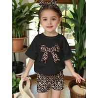 2-Piece Set for Girls: Fashionable Summer Outfit, Toddler Girl's Bowknot Print Round-Neck Short-Sleeve Top + Leopard Print Elastic Waist Shorts, Outdoor Stylish and Youthful Casual Clothing for Girls,