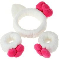 3-teiliges weiß-rosa Plüsch-Haar-Set, Katzenohren-Stirnband und Haargummis, niedliche flauschige Haar-Accessoires, stilvolle tägliche Haardekoration