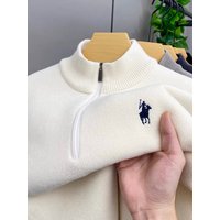 High quality half zip collar sweater men's fashion designer brand horse riding embroidery winter with plush warm knit pullover