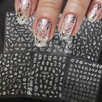 6Sheets 3D Metal Flower Petal Nail Stickers Set,silver Hibiscus Flower,Leaves Spring/Summer Floral Design, DIY Manicure Decor