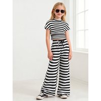 Kids Girls 2-Piece Black & White Striped Set, Mock Neck Crop Top & High Waist Wide Leg Pants Casual Outfit