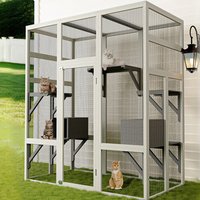 Enclos extérieur pour chats 2-en-1 avec abri en bois - Toit en polycarbonate résistant aux UV et à l'eau - 5 plateformes, 2 niches - Grillage antirouille - 160x82x178 cm