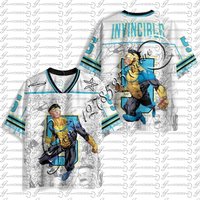 Anime Invincible Mark Grayson #5 Double-sided Print Comic Background T-shirt Men Women Yellow Blue Patchwork Oversized V-neck