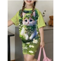 Children's Cat T-Shirt Shorts Set Summer Casual Girl Clothes Short Sleeve Kids Sets for Children Tops Outdoor Sport Girl Outfits