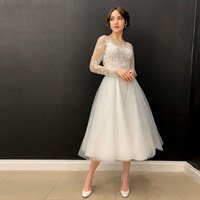 Tea Length Wedding Dress For Bride Elegant Formal Bridal Gown Woman Long Sleeve Button Back Custom Made A Line Vestido De Novia