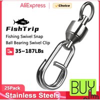FishTrip 25pcs Fishing Snap Swivel Ball Bearing Swivel Clip Heavy Duty Saltwater Swivel with Carabiner Stainless Steel Swivel