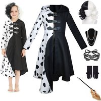 Costume Cruella Deville, combinaison dalmatien noire, robe de fête Cosplay d'halloween pour filles