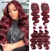 5x5 Closure With Bundles 99J Burgundy Body Wave Bundles With Closure Dark Red Colored Human Hair Bundles With Closure Free Part