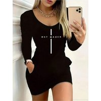 Women's Long Dress Casual Fashionable round Neck Letter Cross Print Solid Color Long Sleeved Mini Skirt