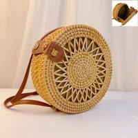 Retro Bohemian Rattan Weave Bag Ethnic Style Square Straw Shoulder Bag Handbag Leather Buckle Buckle Bag Vacation