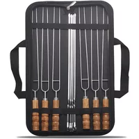 10 PCS/Set Stainless Steel Wire BBQ Skewers Wood Handle Grill Roasting Sticks Outdoor Camping BBQ Tools Storage Bag Kit