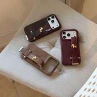 Retro Leather Texture Metal Pony Decoration Wristband Strap With Holder Protect Phone Cover Case for iPhone 17 16 15 14 Pro Max