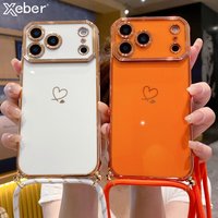 Crossbody Lanyard Shoulder Strap Necklace Case For iPhone 17 Pro Max 16 13 15 14 Plus Plating Love Heart Soft Silicone Cover