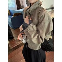 Korean Style Women's Loose Fit Stand Collar Jacket Spring 2026 Plaid Splicing Fashionable Outerwear Daily Versatile Coat