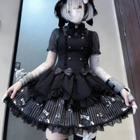 Japanisches Gothic Y2k Lolita-Stil Kleiderset Damen Vintage Gestreiftes Hemd mit Schleife Kurzarm-Shirt Bandage-Trägerkleid Harajuku Süßer Anzug
