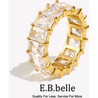 E.B.belle Tarnish Free 18K Gold Plated Shiny Square Zircon Ring 316L Stainless Steel Transparent Waterproof Women's ring