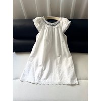Lace Spliced Women White Dress Embroidery Round Neck Short Sleeve Loose Female Cotton Mini Robe