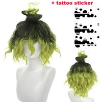 Gyutaro Shabana Cosplay Wig Daki Brother Black Green Curly Hair Anime Upper Rank 6 Wigs + Wig Cap