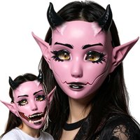 Halloween Pink Devil Mask Moving Jaw Demon Mask Cosplay Anime Horned Goblin Face Mask Party Costume Props Adult